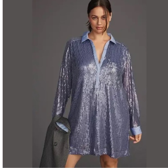 Pilcro Dresses & Skirts - Pilcro Long Sleeve Sequin Mini Shirt Dress Blue Womens Size XL Collard Neckline